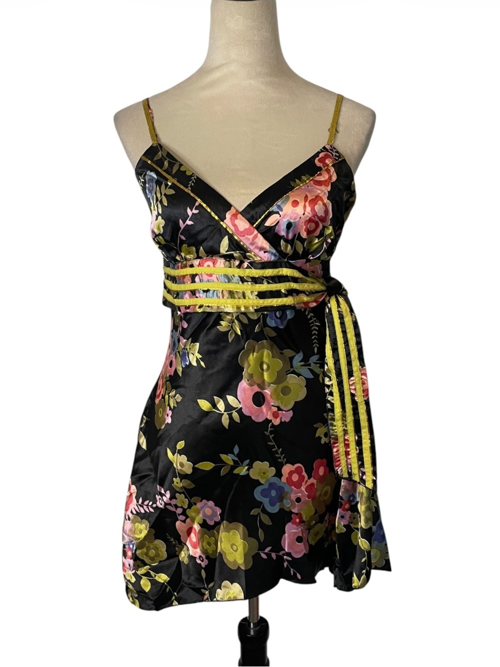 Y2K Angie Floral Satin Mini Dress Black Metallic Tie Medium NWT